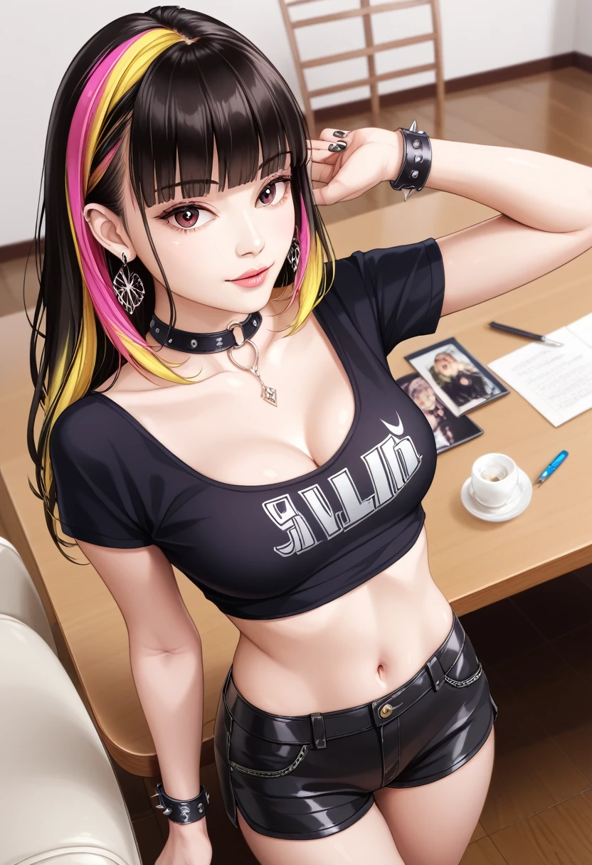 From above、Highest quality, Tabletop, Actress Photos, Age 25, beautiful, Observe your audience、Background white、Nike、Earringsの女性、Earrings、Laughter、(Colorful Hair), Black shorts、Blunt bangs、(Black Skirt)、(One Girl:1.5, alone), Photorealistic, High resolution, Akame, Korean, Cowboy Shot、Gothic, huge , (Perfect Anatomy:1.5)