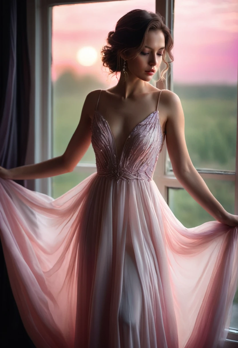 closeup shot, woman in a dress standing in front of a window, romanticism, in evening gown, flowing gown, wearing a flowing dress, mysterious woman, haunting beautiful young woman, wearing a white flowing dress, flowing dress, woman in dress, extremely moody pink lighting,