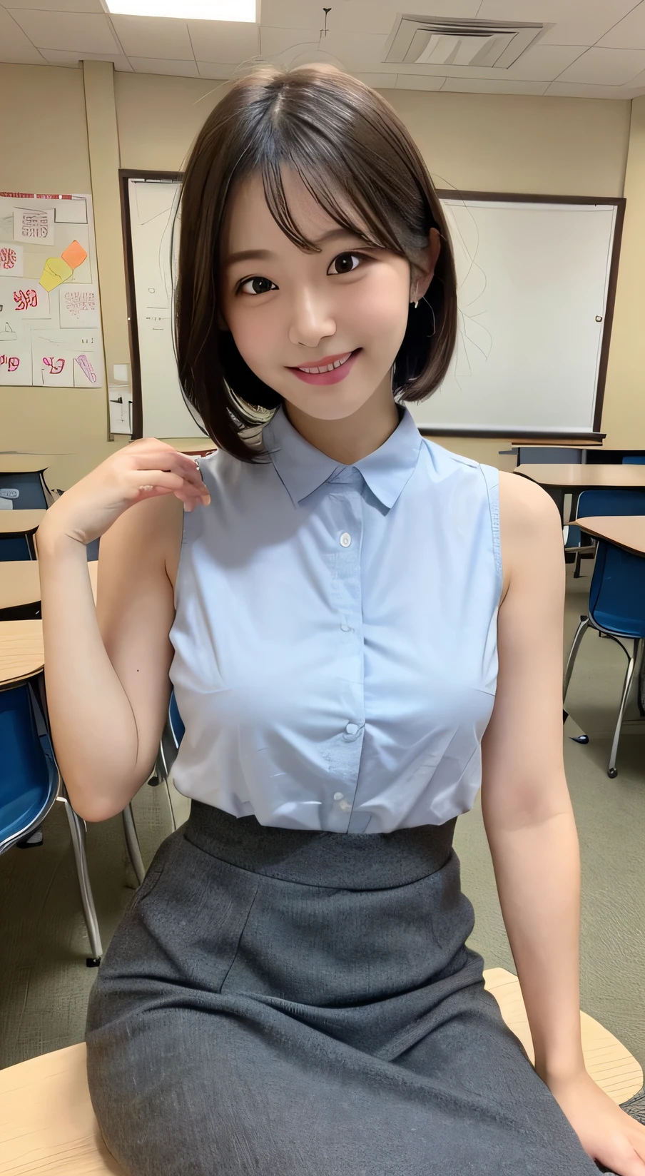 Tabletop, Highest quality, figure, Very detailed, In detail, High resolution, 8k wallpaper, Perfect dynamic composition, Beautiful attention to detail, (midium short hair)、Small breasts, Arched back,Randomly sexy poses,smile、cute、sexy shot looking at camera,Perfect and beautiful face、Sleeveless shirt、Collared shirt、24-years-old、female teacher、mermaid skirt、smile、Simple Necklace、staff room、School、