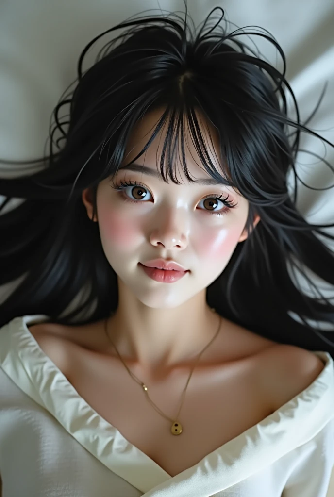Tabletop, Highest quality, Realistic, RAW Photos, Digital SLR, Beautiful Japanese girl, Glowing White Skin, orgsm face,bitch,smile,Realistic beautiful makeup face, Realistic and beautiful bright eyes, double eyelid, Displaying the viewer,(lying on bed:1.3), (Highly detailed shiny long black hair and bangs), (Tousled hair in strong winds), Slim figure, Slim face, Tight waist, Big Breasts, Thin thighs, ((badroom)), (nude),(Show off nipples:1.4),Realistic lighting and shadows, This is a very delicate and beautiful photo.., Ultra-high resolution, 8k UHD wallpaper,(nsfw:1.3),fullbady,((spread legs)),(1boy:1.4),(penis),(fellatio)