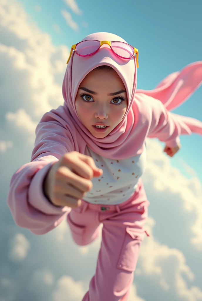 Malaysia women a realistic masterpiece. Human .wear pink watch.. 1girl wearing a hijab. detailed beautiful face, Hijab Muslim. Wear long sleeve moder design mixed sew pink white loose size. Small detail ,cargo suit , jacket pink. Pink cargo pant.. . anger face, minimalist flower on shirt. . anger face. Open mouth. Wear pink white. Wear small Safety Pink yellow glasses google spectacle top on head. . Age 20 year old. Flying position. Fast fly. Panning effect Photography . Flying have a super strong power.. punch. Flying beside aeroplane . Fight pose. Bokeh background. fist front.. At high sky, lot of cloud , detailed lips, long eyelashes. Hero, modest expression, delicate facial features, natural skin tones, , detailed folds and textures of hijab, natural lighting, high quality, photorealistic, 8k, best quality. Malaysia girl. . ). . . Braces teeth. Boleh background. Panning effect. Fast flying