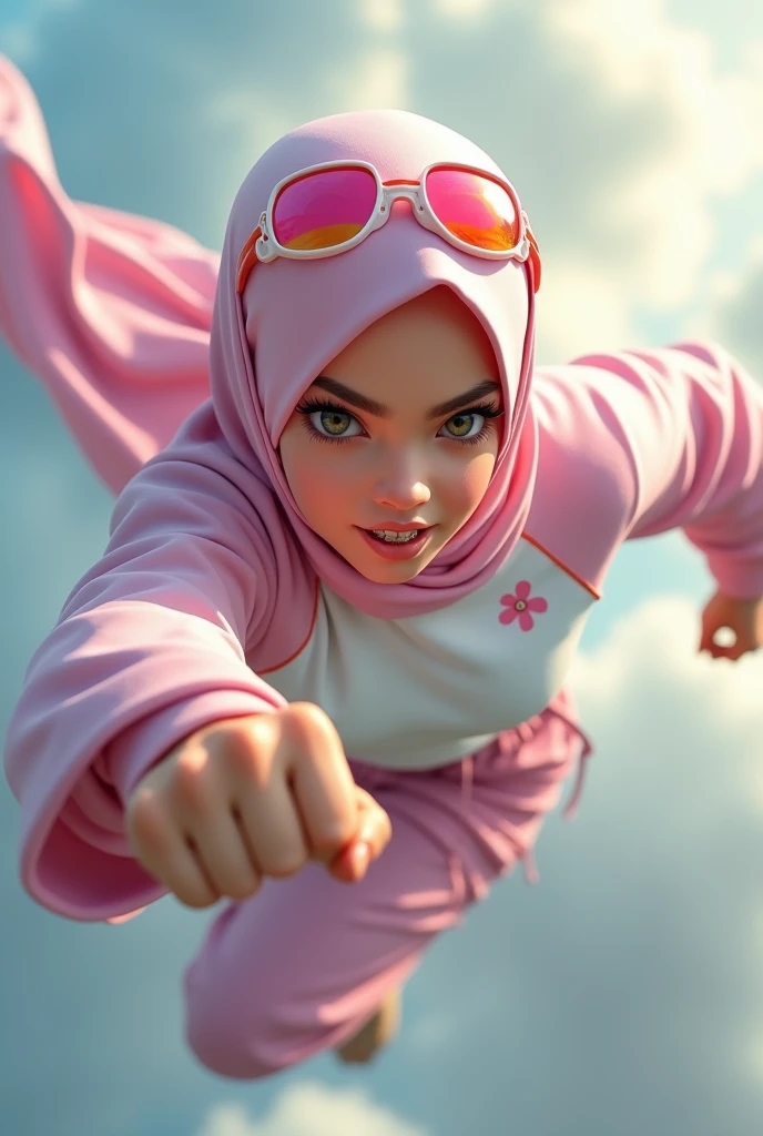 Malaysia japan thailand women a realistic masterpiece. Human .wear pink watch.. 1girl wearing a hijab. detailed beautiful face,small nose. Big lips.Hijab Muslim. Wear long sleeve modern design mixed sew pink white loose size. Small detail ,cargo suit , jacket pink. Pink cargo pant.. . anger face, minimalist flower on shirt. . anger face. Open mouth. Wear pink white. Wear small Safety Pink yellow glasses google spectacle top on head. . Age 20 year old. Flying position. Fast fly. Panning effect Photography . Flying have a super strong power.. punch. . Fight pose. Bokeh background. fist front.. At high sky, lot of cloud , detailed lips, long eyelashes. Hero, modest expression, delicate facial features, natural skin tones, , detailed folds and textures of hijab, natural lighting, high quality, photorealistic, 8k, best quality. Malaysia girl. . ). . . Braces teeth. Boleh background. Panning effect. Fast flying