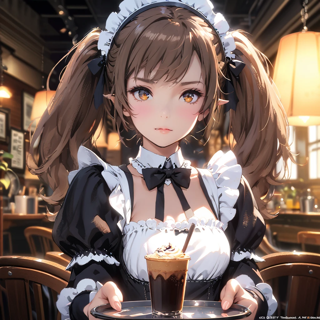 (masterpiece, High resolution,Very detailed:1.0),1 person,Young and beautiful woman,Eyes staring at the camera,Perfect female body, blush a little and smile,Extremely detailed CG,unity 8k wallpaper，Intricate details, The only person, (Twin-tailed brown hair,Maid clothes,Serious expression,Tray in hand),Put coffee on the tray,Cafe, Terrace seats,Gothic style,Portraiture,Color Difference, Written boundary depth,Dramatic Shadows, Ray Tracing, Highest quality, Cinema Lighting,Official Art,
