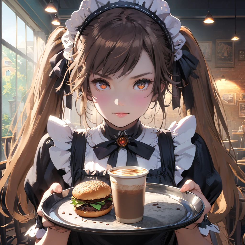 (masterpiece, High resolution,Very detailed:1.0),1 person,Young and beautiful woman,Eyes staring at the camera,Perfect female body, blush a little and smile,Extremely detailed CG,unity 8k wallpaper，Intricate details, The only person, (Twin-tailed brown hair,Maid clothes,Serious expression,Tray in hand),Put coffee on the tray,Cafe, Terrace seats,Gothic style,Portraiture,Color Difference, Written boundary depth,Dramatic Shadows, Ray Tracing, Highest quality, Cinema Lighting,Official Art,
