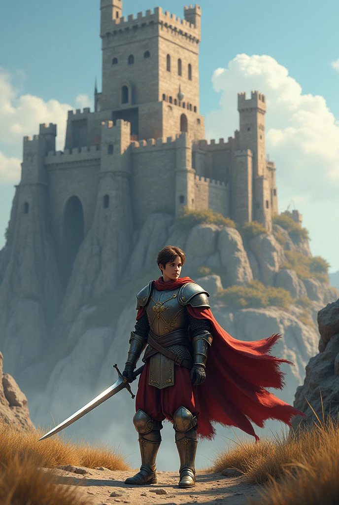 A knight not very tall brown hair with a sword in front of a castle made of stone clay and sand wood also the castle stands on a cliff and the knight is in the foreground further away from the castle