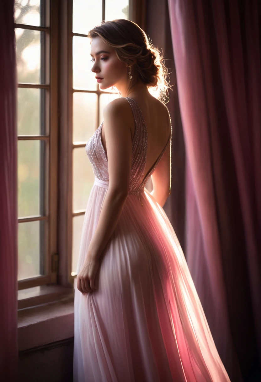closeup shot, woman in a dress standing in front of a window, romanticism, in evening gown, flowing gown, wearing a flowing dress, mysterious woman, haunting beautiful young woman, wearing a white flowing dress, flowing dress, woman in dress, extremely moody pink lighting,