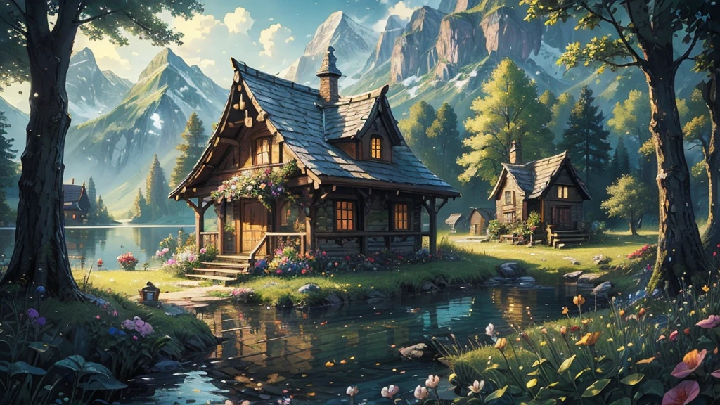 ((masterpiece)),((Highest quality)),((High Detail)), nobody, background, fantasy, Bright Forest, Little house by the lake, flower