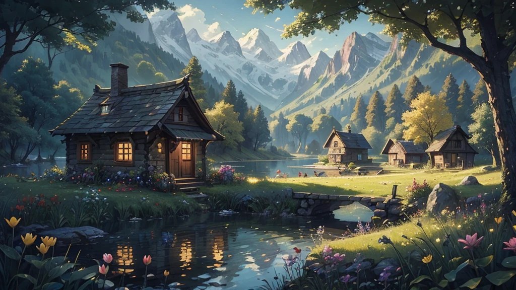 ((masterpiece)),((Highest quality)),((High Detail)), nobody, background, fantasy, Bright Forest, Little house by the lake, flower