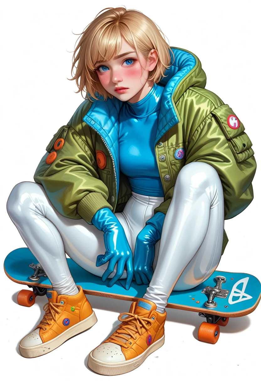 1girl, solo, white background,   wattson, masterpiece, highly detailed, blue eyes, blonde hair, short hair, Fluorescent green jacket, Rubber Gloss, white rubber skinsuit, Yellow skateboard shoes,  white pants, blush, plain background