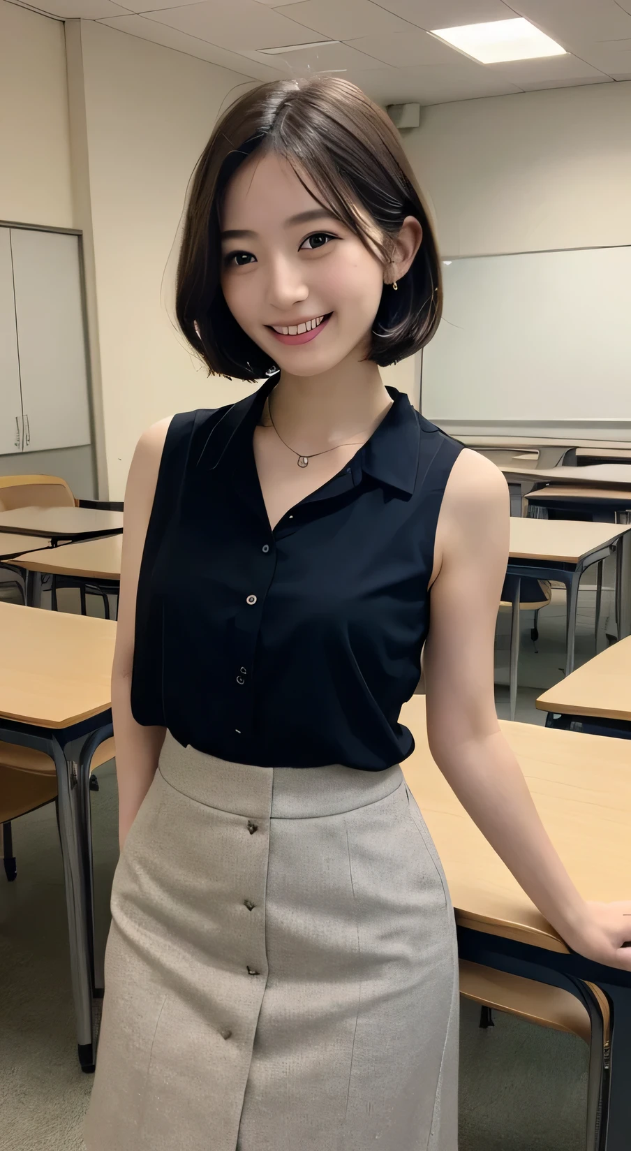 Tabletop, Highest quality, figure, Very detailed, In detail, High resolution, 8k wallpaper, Perfect dynamic composition, Beautiful attention to detail, (midium short hair)、Small breasts, Arched back,Randomly sexy poses,smile、cute、sexy shot looking at camera,Perfect and beautiful face、Sleeveless shirt、Collared shirt、24-years-old、female teacher、mermaid skirt、smile、Simple Necklace、staff room、School、