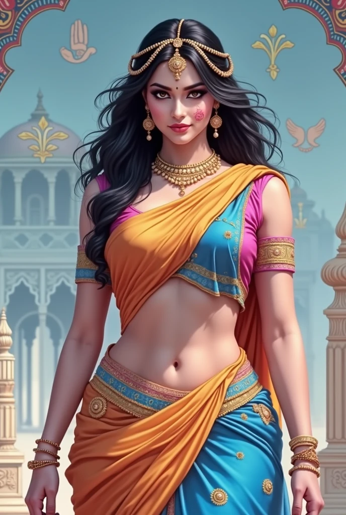 (best quality,highres,realistic:1.37)india's most beautiful lady, she wears a headphone,digital art wonders,princesscore,realistic historical fiction,charming detailed eyes and lips,fierce expression,historical attire,richly embroidered clothing,gold jewelry,dark wavy hair cascading down her back,flowing colorful silk saree,ornate palace in the background,historical architecture,detailed hand gestures,light amber candlelight,soft shadows and highlights,delicate facial features,meticulous attention to detail,subtle nuances of emotion,depth and richness in colors,expressive eyes that convey a sense of longing and strength,royal elegance and regal pose,graceful and confident stance,traditional henna patterns on her hands and feet,dusky complexion that glows in the warm light,realism with a touch of fantasy,impressive artistry,digital brushstrokes,soft and dreamlike ambiance,ethereal beauty,rich cultural heritage,indian independence day and folklore blended with contemporary digital techniques,masterpiece painting,pristine skin complexion,gorgeous traditional makeup,ornamental hair accessories,vibrant colors with a touch of darkness,dark white and light amber color palette,evocative and captivating art that tells a story,attention to historical accuracy while adding a touch of imagination,detailed background with architectural elements and intricate designs,deep emotional connection with the viewer.,big breasts, earrings