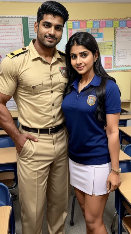 Sexy indian gurjar 40 years old hunk in navy security guard uniform with batches on shirt and huge bulge standing with young girl and hugging 