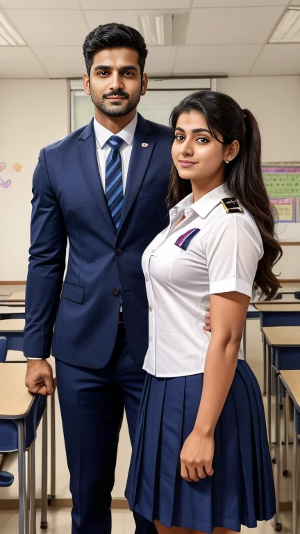 Straight couple (boy and 40 years old lady) Handsome muscular AARAV GURJAR 1 in school uniform, standing in classroom with lady teacher, he is girls favorite
