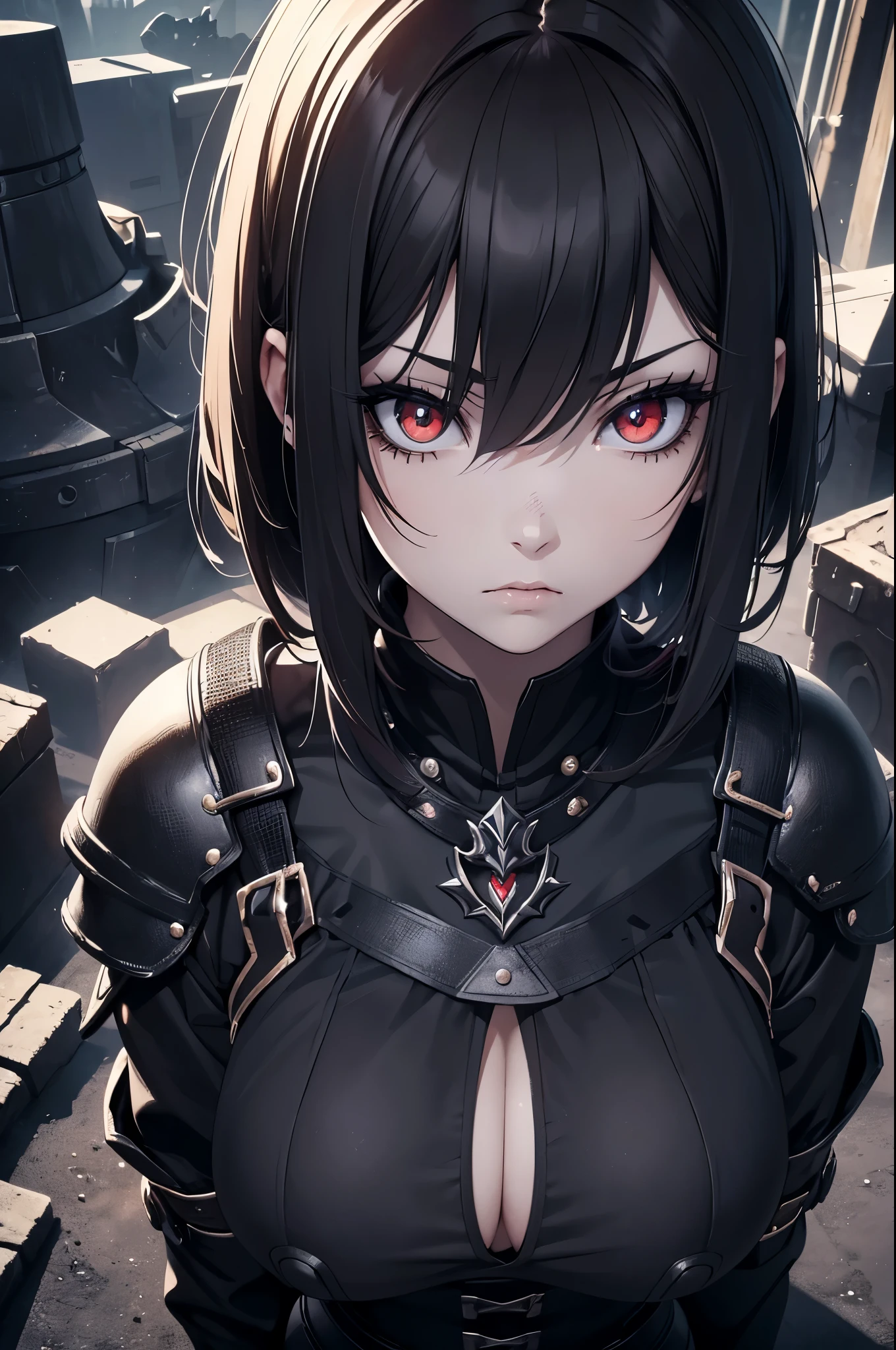(digital painting),(best quality), masterpiece, 8k resolution, (dark mood background:1.4), anime girl, one girl, solo, beautiful girl, goth girl, pale skin, big breast, seducing, dressed, (sad face: 1.2), big eyes, (red eyes:1.2), (very detailed eyes:1.4), cute girl, short hair, black hair, black knight armour, dynamic lighting, deep shadows, (view from above:1.2), looking upwards, (wide angle lens distortion:1.2)