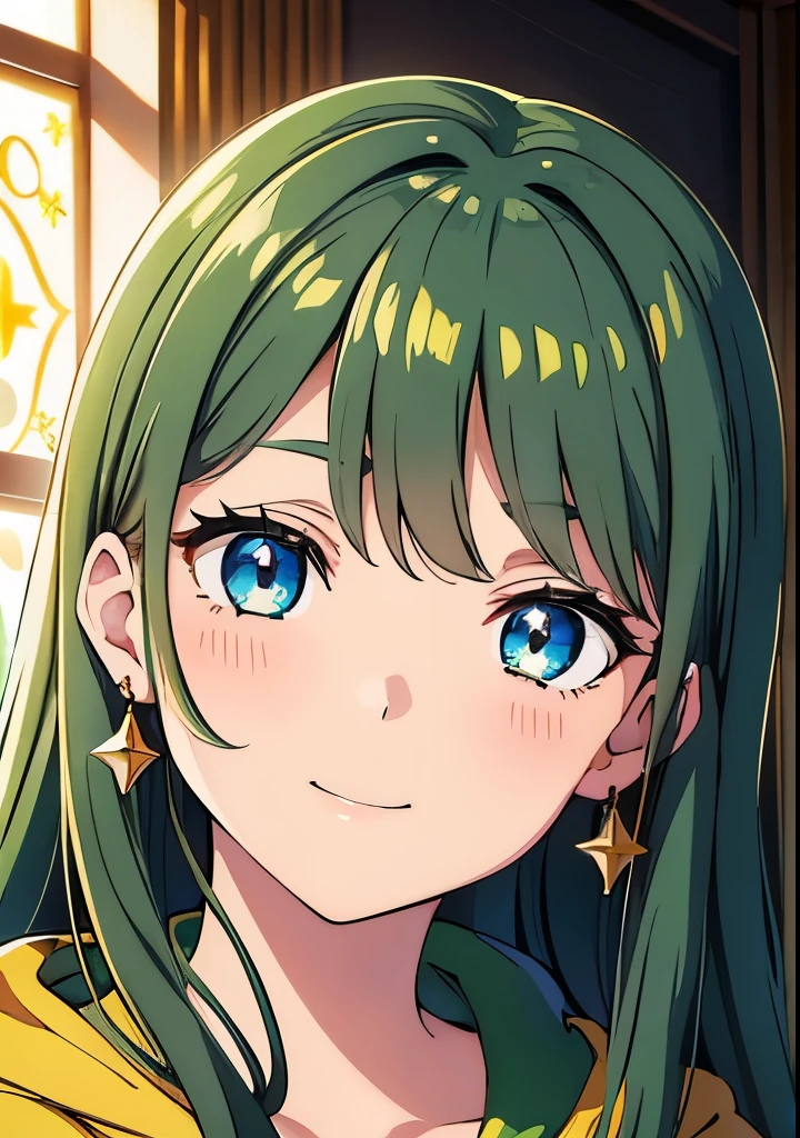((dark dark green hair color emphasis)), front view, upper body visible, hands showing wide open, waving pose, beautiful five fingers, (dark dark dark green hair color emphasis), golden hair clip, long straight hair, round big eyes) eyes, sparkling big blue eyes, kind smile, white hoodie, star pattern on hoodie, blushing shyly, smiling without opening mouth, big golden star earring, golden hair clip, big sparkling eyes, beautiful room with sofa, face focused, fresh smile, green floral print hoodie, (high quality, golden number 5 earring, droopy eyes, blue eyes, close-up of face), small breasts, , high quality, shadowless background 