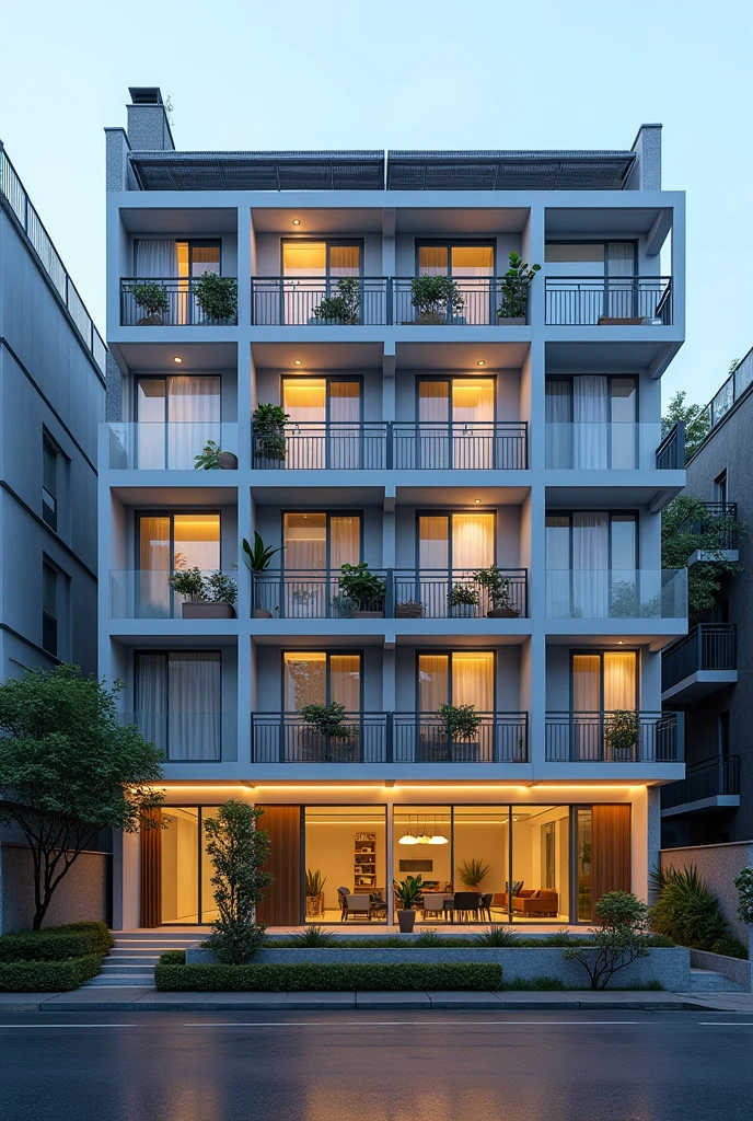 Make a sketch of a modern house with many doors like a boarding house with LED lights, solar panel at the rooftop and rain water induced sytem