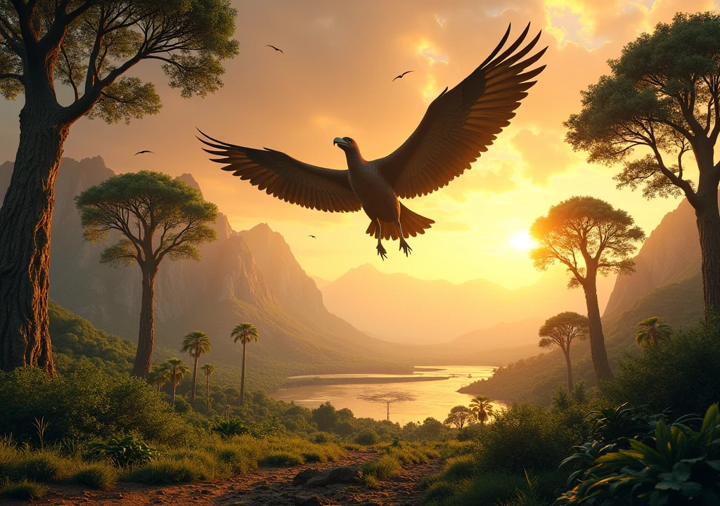 ((best quality)), ((masterpiece)), (detailed), perfect faceA vast prehistoric landscape with a golden sunset, filled with towering ancient trees and lush green vegetation. In the sky, a massive Teratornis bird is soaring gracefully with its enormous wings fully extended. The bird is majestic, with a wingspan that dominates the sky, casting a shadow on the ground below. The horizon is filled with distant mountains and a serene river reflecting the warm colors of the setting sun.