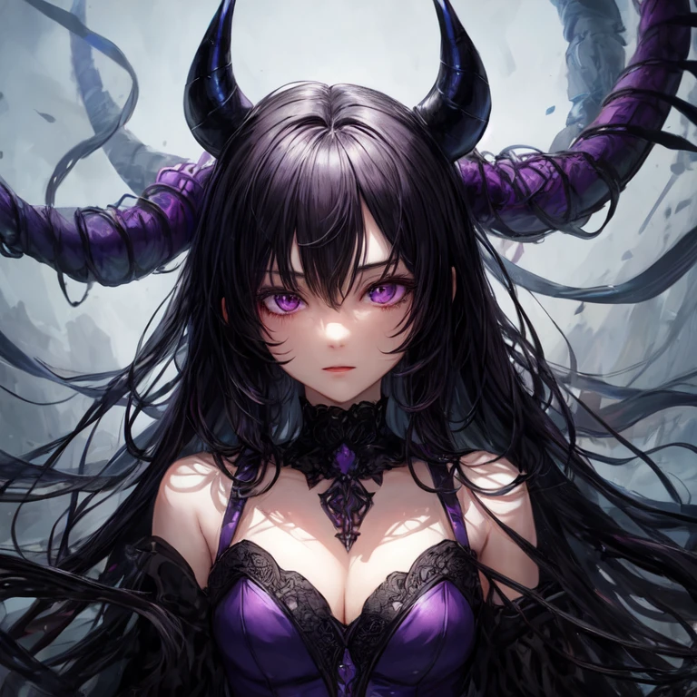 Beautiful demon in human form with black horns and black hair with purple eyes and richly dressed with large breasts masterpiece high details