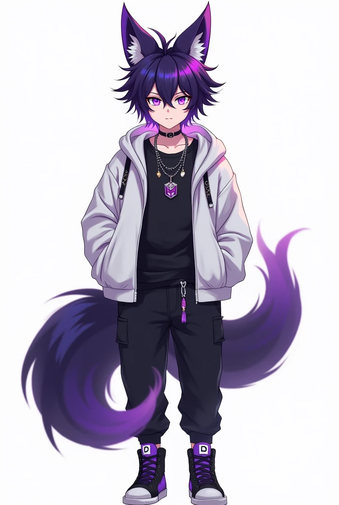 Male anime drawing of a kitsune with his striking hair, which is a captivating blend of deep purple, almost reminiscent of the twilight sky. looks like a human with a black shirt with a white hoodie and black pants and purple and black sneakers with various pendants around his neck purple eyes white background