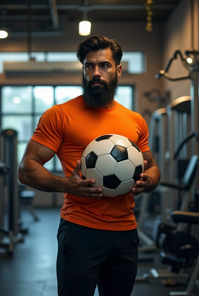a man wearing black pants and orange shirt with a black beard,standing in front of fitness equipment inside a shop, looking ahead, holding a soccer ball, photorealistic, dynamic lighting, highly detailed, 8k, best quality