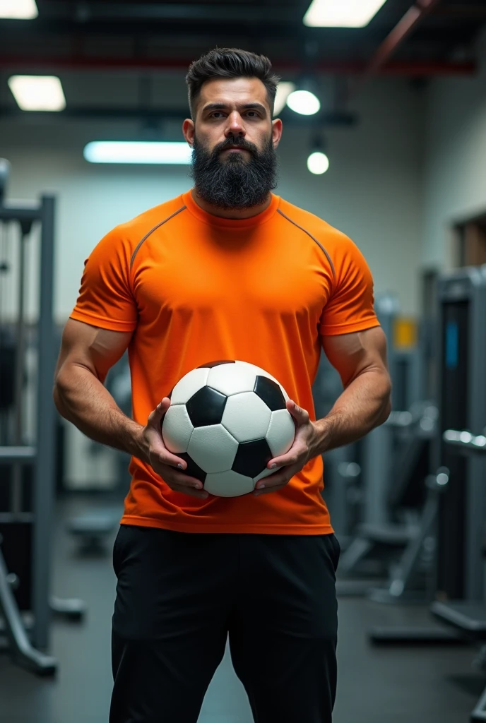 a man wearing black pants and orange shirt with a black beard,standing in front of fitness equipment inside a shop, looking ahead, holding a soccer ball, photorealistic, dynamic lighting, highly detailed, 8k, best quality