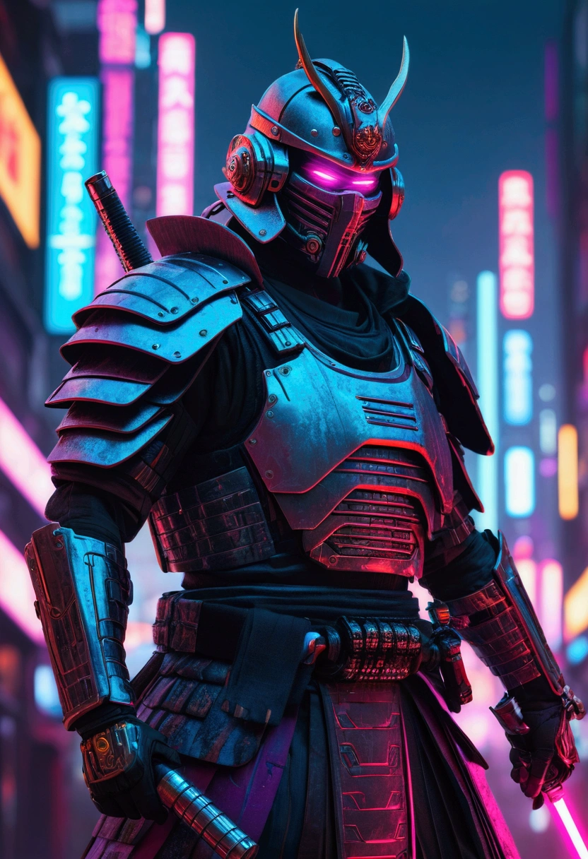a cyberpunk samurai with a mechanical cyborg body wearing samurai armor, wielding a glowing lightsaber in a neon cyberpunk city background with dramatic lighting and a moody color palette, 8k, 4k, high Resolution, highly Detailed