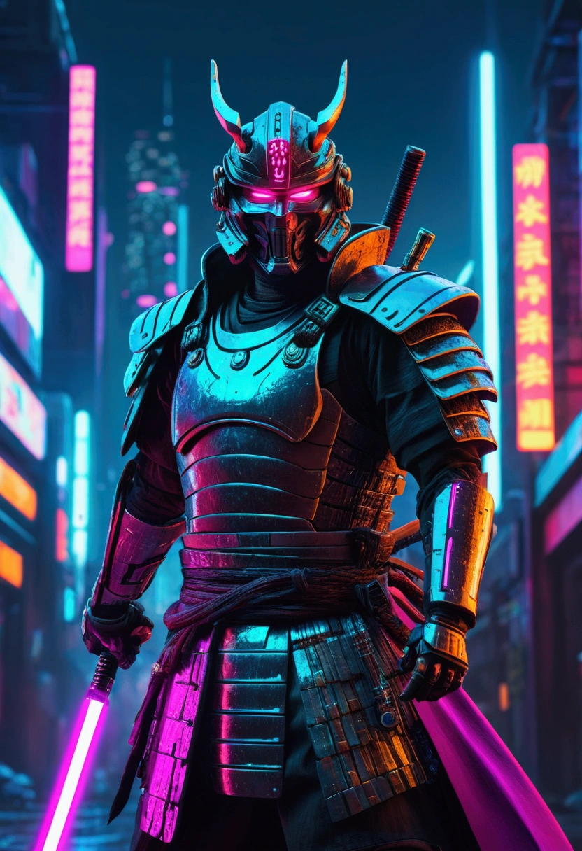 a cyberpunk samurai with a mechanical cyborg body wearing samurai armor, wielding a glowing lightsaber in a neon cyberpunk city background with dramatic lighting and a moody color palette, 8k, 4k, high Resolution, highly Detailed