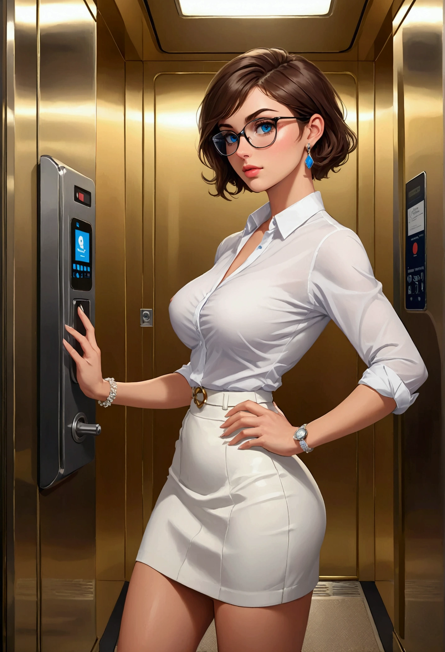 20 years old woman, Short brown hair, Méditerranéenne aux blue eye, Generous and heavy breasts, slender waist, estomac defini, fesses rebondies et pulpeuses, naturally curved, muscular thighs, aguicheuse, in the elevator, in a white skirt and blouse, lunettes, neckleace, earrings, blue eye, heels , Selfie, in profile 