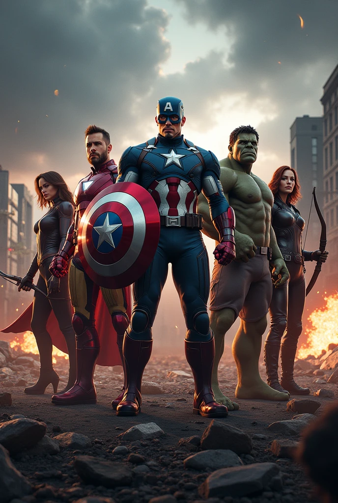 Create a highly detailed, realistic depiction of the Avengers team standing together in an epic battle stance. The scene should feature dynamic lighting with sparks, energy blasts, and explosions in the background. Each character, including Iron Man in his high-tech armor, Captain America with his shield, Thor wielding Mjolnir, Hulk mid-roar, Black Widow ready for action, and Hawkeye aiming his bow, should be portrayed with lifelike textures and expressions. The environment should be a war-torn city with rubble, debris, and a dark, stormy sky to enhance the dramatic effect."