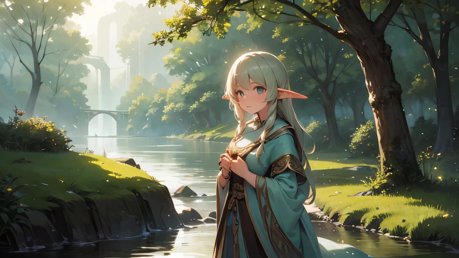 A quietly flowing elven riverside and a young elven girl The girl is beautiful and close by