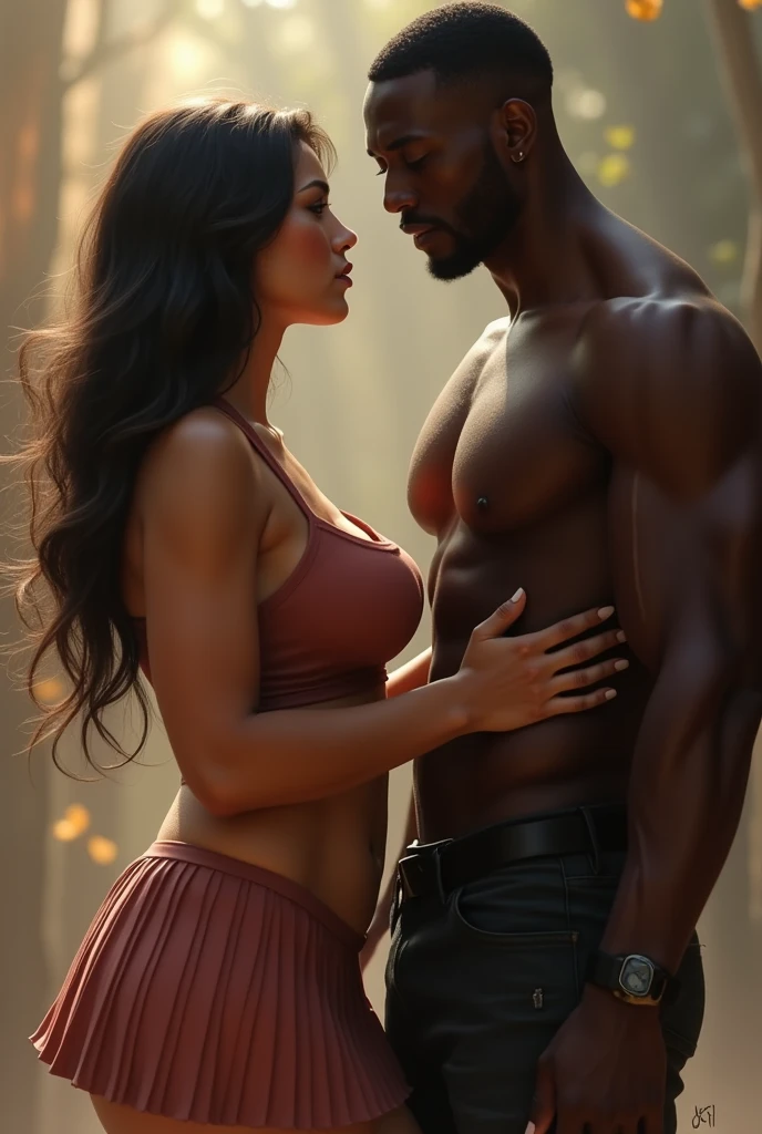 A big breast girl  in skirt with black man 