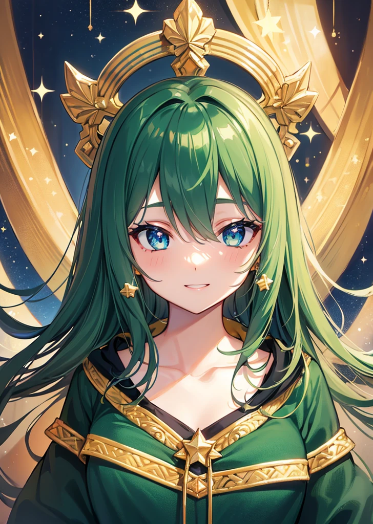 ((dark dark green hair color emphasis)), front view, upper body visible, hands showing wide open, waving pose, beautiful five fingers, (dark dark dark green hair color emphasis), golden hair clip, long straight hair, very big eyes) eyes, sparkling big blue eyes, kind smile, white hoodie, star pattern on hoodie, blushing shyly, smiling without opening mouth, big golden star earring, golden hair clip, big sparkling eyes, beautiful room with sofa, face focused, fresh smile, green floral print hoodie, (high quality, golden number 5 earring, droopy eyes, blue eyes, close-up of face), small breasts, , high quality, shadowless background