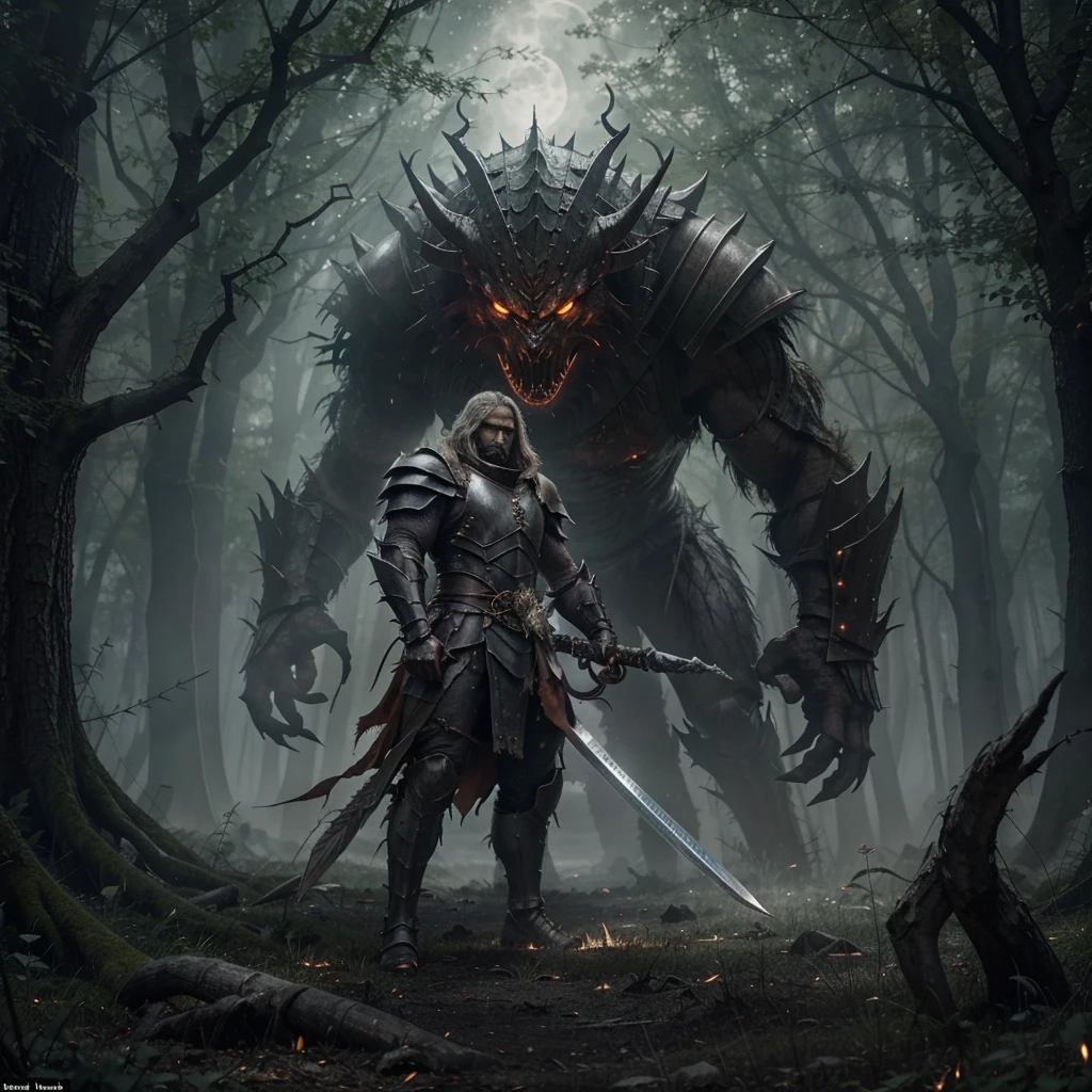 A courageous man stands firm in a dark, misty forest, facing a towering, menacing monster. The man, clad in weathered armor, grips a glowing sword, the light illuminating his determined expression. The monster, a grotesque creature with scales, sharp claws, and glowing red eyes, looms over him, its breath fogging the air. The tension is palpable as they prepare to clash, with the twisted trees and a full moon casting an eerie glow over the scene