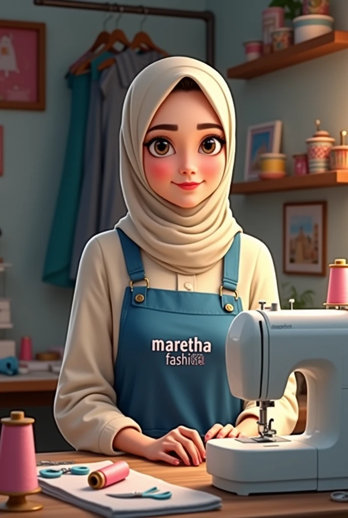 a young woman wearing a hijab who is in a sewing room. The woman wore a cream-colored hijab and clothes with a blue apron with the words "MARETHA FASHION" on the front. In front of him is a sewing machine with the words "INDONESIA," indicating that this is a local product. This room is full of sewing equipment such as spools of thread, cloth, scissors, and various other accessories neatly arranged on the table and walls. In the background, there are several pictures and clothes hanging on the wall, adding to the impression of this room as an active sewing business. This woman appears to be smiling with her mouth closed, creating a friendly and professional atmosphere.