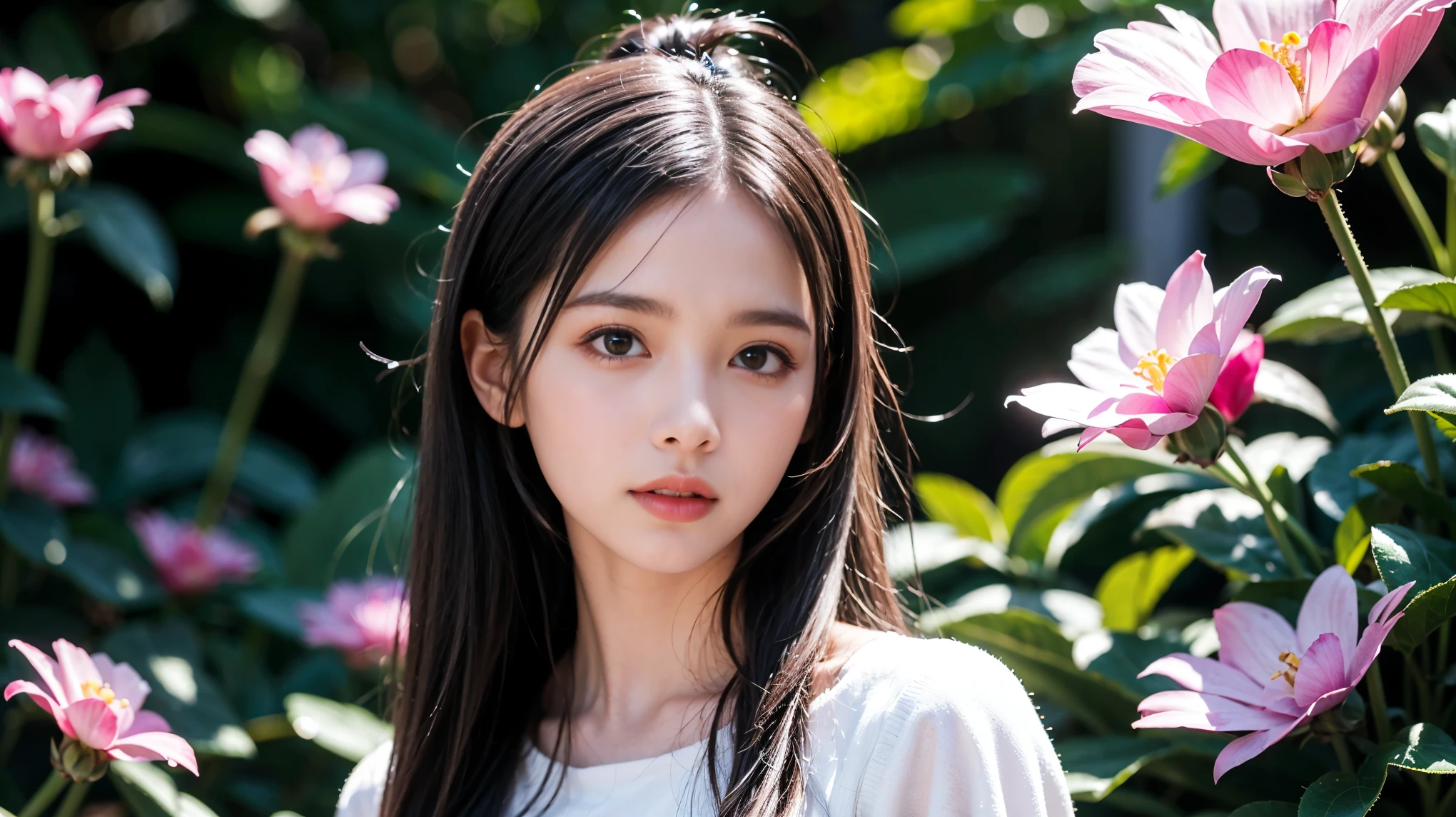 detailed, realism, 4K, , 顔のdetailed, Big yellow eyes, Fuller lips, nose pointed upwards, Grey hair with pink strands, Wearing a white dress, Rabbit in hand, Background Flowers, white butterfly in the foreground, Realistic shooting, Depth of written boundary, Soft front light, Shine, High resolution (Calm colors: 1.2), Canon RF 100mm F2.8L Macro ISUSM