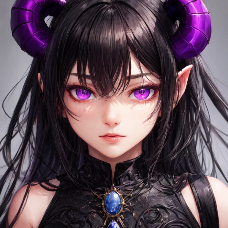 Beautiful demon in human form with black horns and black hair with purple eyes and richly dressed UHD masterpiece high details