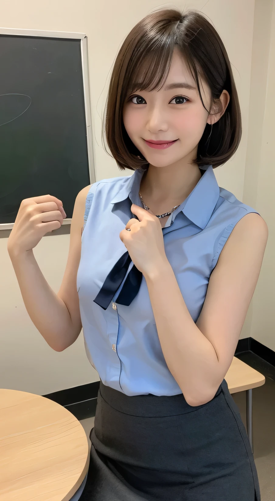 Tabletop, Highest quality, figure, Very detailed, In detail, High resolution, 8k wallpaper, Perfect dynamic composition, Beautiful attention to detail, (short hair)、Small breasts, Arched back,Randomly sexy poses,smile、cute、sexy shot looking at camera,Perfect and beautiful face、Sleeveless shirt、Collared shirt、24-years-old、female teacher、mermaid skirt、smile、Simple Necklace、staff room、School、