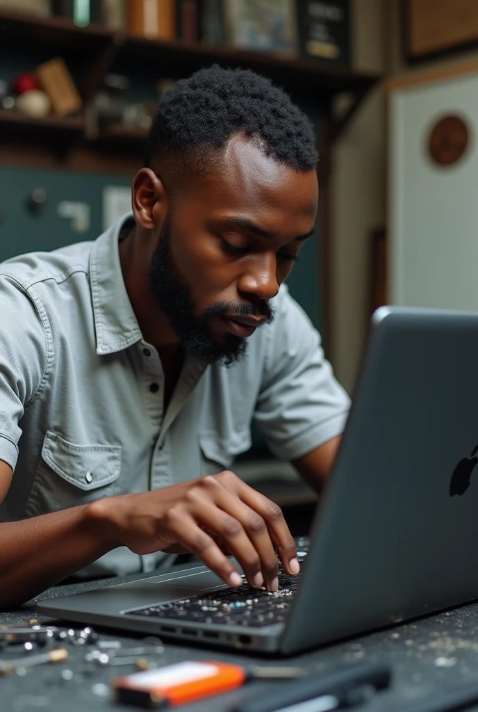 a black african fixing laptop
