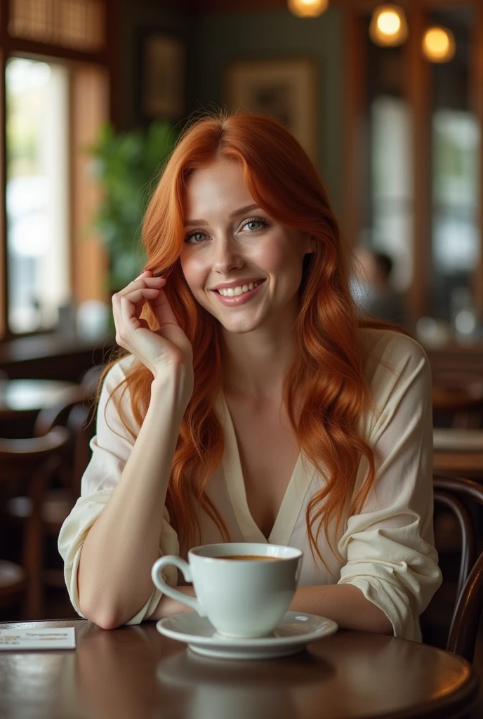 ((mulher ruiva)), ((olhos castanhos)), ((Etnia polonesa:)), enjoying a casual coffee, sitting in a vintage café), relaxed atmosphere), ((sipping coffee)), ((Classic interior design)), comfortable seats, sunlight streaming through windows, Ambiente elegante e atemporal, detalhes delicados), ((sorriso sutil)), (beleza natural), (Charme Feminino), tons de cores quentes:1.1), (Foco suave:1.2), (realistic lighting), cup of coffee in hand, conversa de fundo moderada, (Detalhes bem trabalhados), (nostalgic feel:), (caseiro e convidativo),