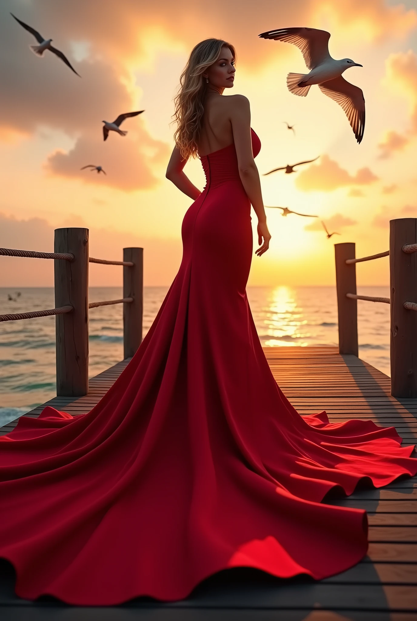 A woman poses for a photo shoot, wearing a red dress with a long tail, big breasts, dynamic movements, on a wooden pier by the sea at dusk, with a calm sea and a warm sunset in the background. Creating a beautiful color gradation. There are many seagulls flying in the sky, their silhouettes are illuminated by the soft sunset, very realistic, cinematic colors, cinematic lighting