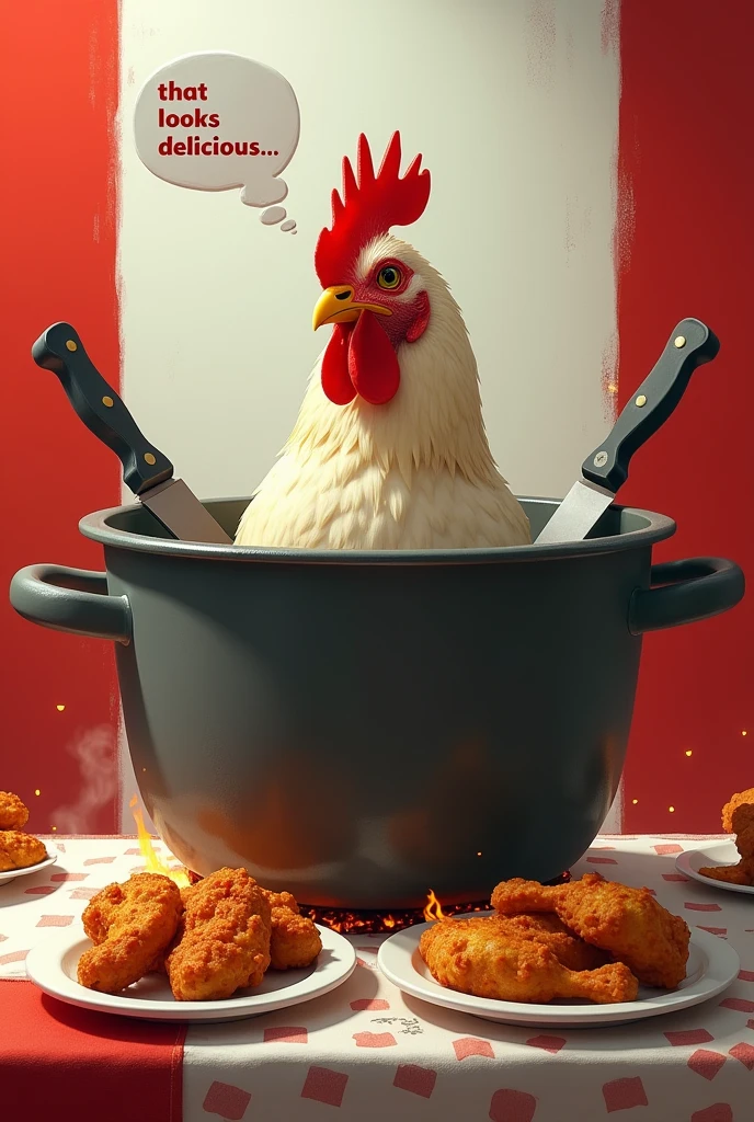 A red and white background, a pot with a fire underneath and a live chicken inside the pot, a crossed two knifes on the top, a fried chicken on aside, the chiken in the pot looking at the fried chicken write "That looks delicious.." as a thought on the top of the chicken head