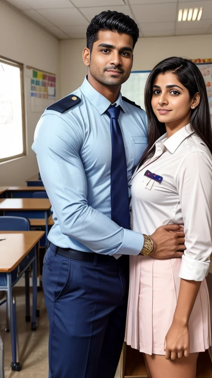 Straight couple (boy and 40 years old lady) Handsome muscular AARAV GURJAR 1 in school uniform, standing in classroom with lady teacher, he is girls favorite