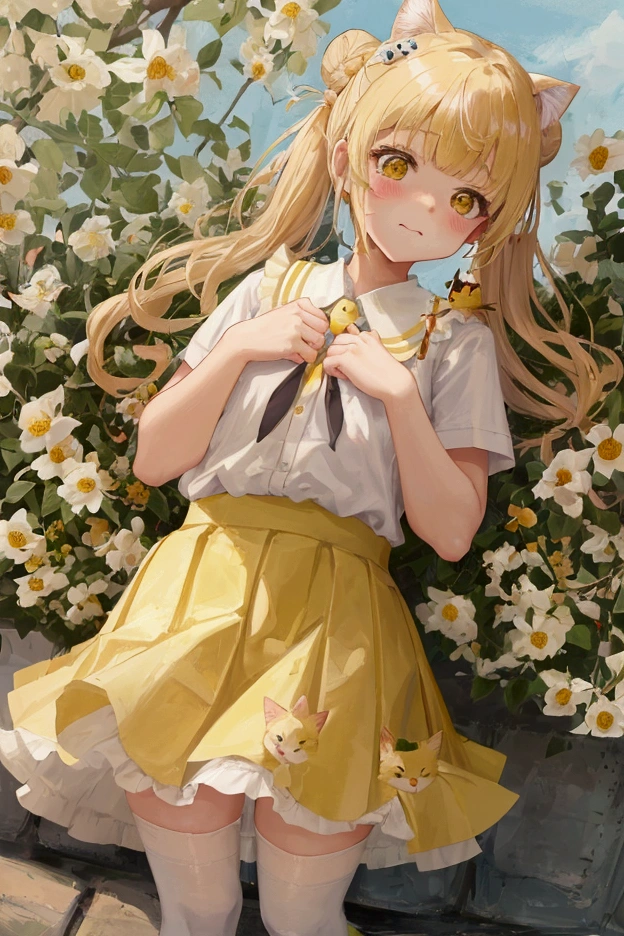 A super cute  wearing a light yellow  skirt。Wearing a cute bun，There is a yellow cat hairpin on the forehead，The tender white hands covered the fluttering skirt in embarrassment.，There are two or three cute little geese painted on the skirt with light flowers.。The chubby little legs in white stockings are put together，The little hands were twisted together，The little butt is shaking。