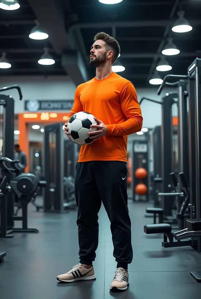 a man wearing black pants and orange shirt ,standing in front of fitness equipment inside a shop, looking ahead, holding a soccer ball, photorealistic, dynamic lighting, highly detailed, 8k, best quality
