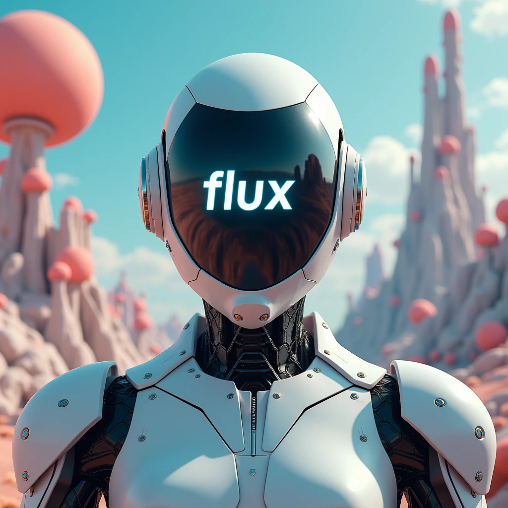 Surreal landscape，A robot helmet with the word &quot;FLUX&quot; written on the screen，Facing the screen，close up