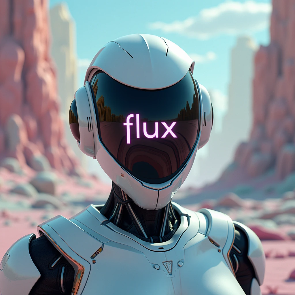 Surreal landscape,A robot helmet with the word "FLUX" written on the screen,Facing the screen,close up