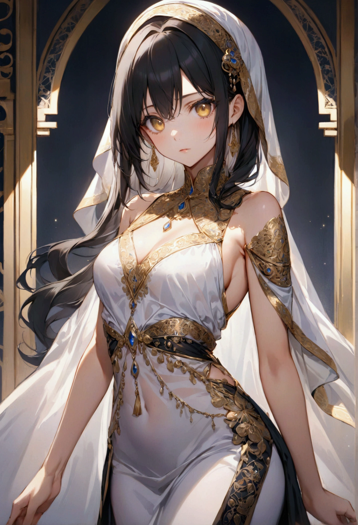 Adult Anime girl with long straight still black hair with white highlights, golden eyes,middle eastern elegant dress, detailed body, detailed eyes, masterpiece, best quality, aesthetic, standard pose, 8k, high resolution, ultra-sharp. 