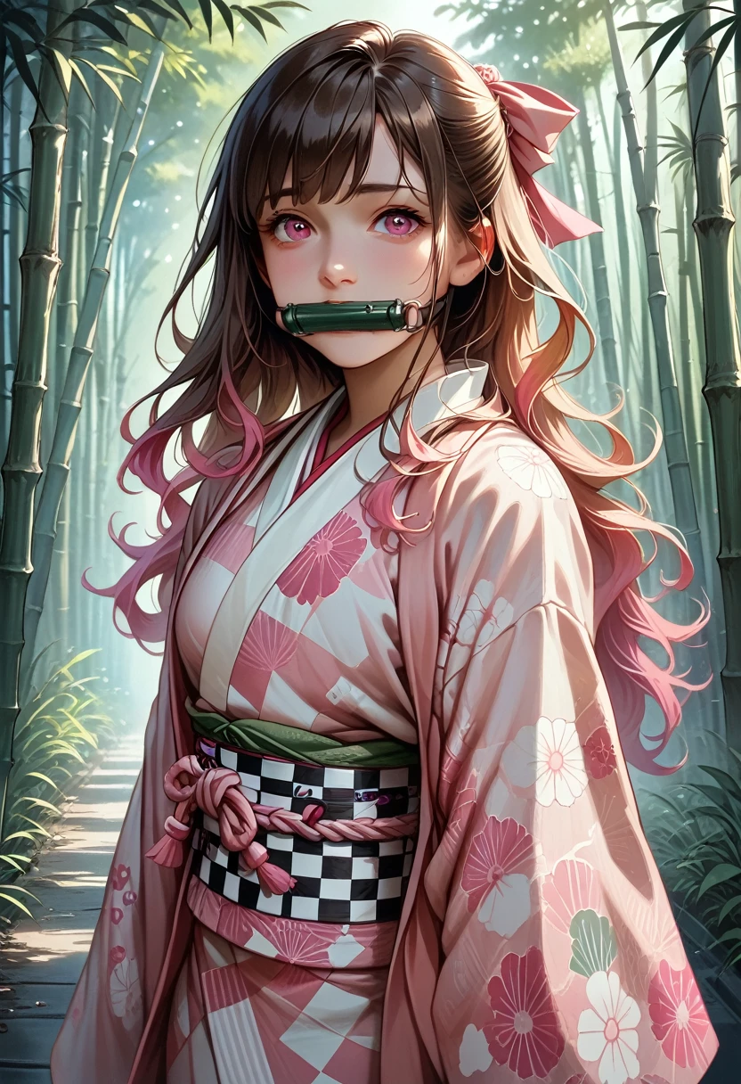 Masterpiece, best quality, high resolution, venus1,1girl, solo, Tsuko Kamato, bamboo, brown hair, (((pink ribbon)) checkered belt, gag, gag, gradient hair, haori, japanese clothes, kimono, long hair, looking at the audience, pink eyes, pink kimono, pink ribbon, solo,