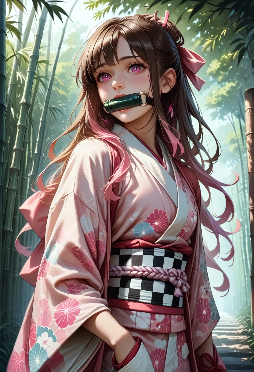 Masterpiece, best quality, high resolution, venus1,1girl, solo, Tsuko Kamato, bamboo, brown hair, (((pink ribbon)) checkered belt, gag, gag, gradient hair, haori, japanese clothes, kimono, long hair, looking at the audience, pink eyes, pink kimono, pink ribbon, solo,