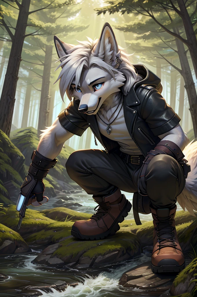 Beautiful, (masterpiece), high quality, perfect lighting, Highly detailed CG Unity 8k wallpaper, High resolution, perfect lighting, youthful, tall, slim, skinny, frail slender figure, slim legs, distinctly feminine figure, narrow hips, long legs, close-up shot:
Species: Arctic Wolf
Hair color: Stark white with subtle silver streaks
Hair style: Wild, windswept mane reaching just past the shoulders
Texture: Tousled and slightly damp
Eye color: Piercing ice blue with flecks of steel gray
Fur color and pattern: Primarily pure white fur with very faint gray undertones, giving depth and dimension
Clothes:

Fitted, cropped leather jacket in deep burgundy, slightly worn and battle-scarred
High-waisted, form-fitting cargo pants in charcoal gray with multiple pockets
Sturdy, lace-up combat boots in distressed black leather
Fingerless gloves made of supple, dark brown leather

Accessories:

Multiple small silver hoop earrings along both ears
Thin leather cord necklace with a wolf fang pendant
Tactical belt with attached gear pouches
Arm guard on the left forearm with intricate tribal etchings

Pose: Crouched in a ready stance, muscles taut and prepared to spring into action. One hand braced against the ground, the other raised defensively
Expression: Fierce determination mixed with a hint of exhilaration. Eyes wide and alert, nostrils flared, teeth partially bared in a controlled snarl
Activity: Preparing to defend against an unseen threat, body coiled with potential energy
Background: Dense, misty forest at dawn. Shafts of golden sunlight pierce through the fog and towering pine trees. A nearby cliff face looms ominously, with a turbulent river visible far below. The ground is covered in fallen leaves and moss-covered rocks, suggesting a recent struggle.